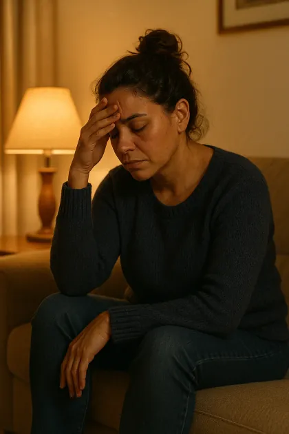 Mulher triste com a mão na cabeça